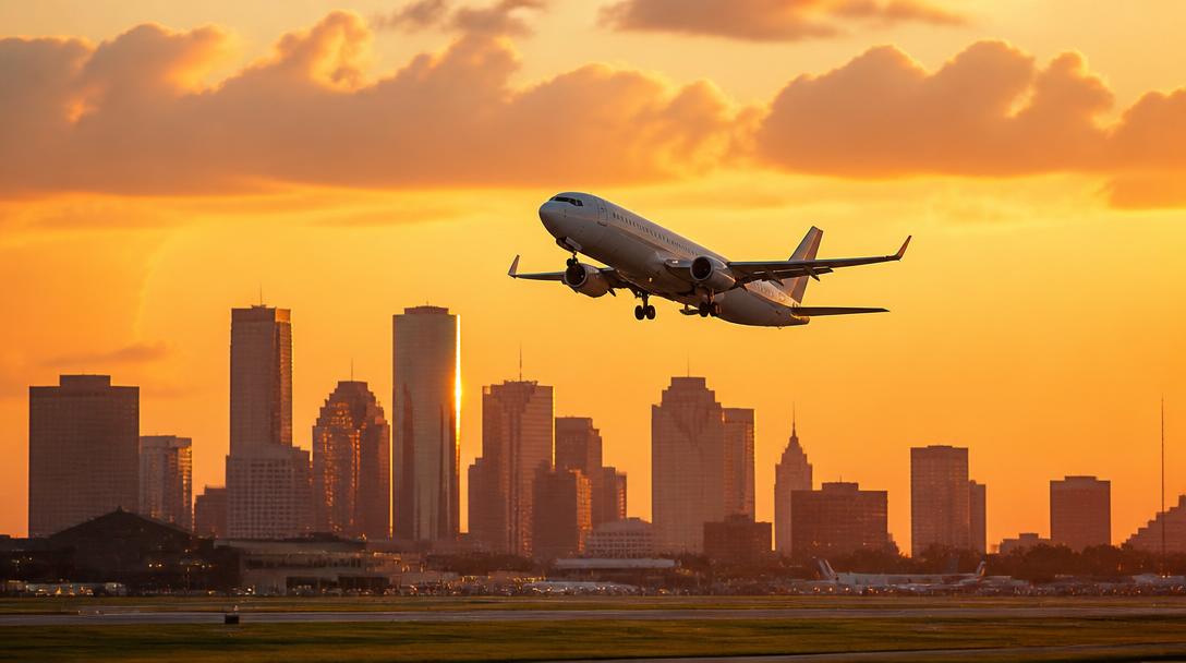 Jet departing Houston at sunset with the downtown skyline behind it